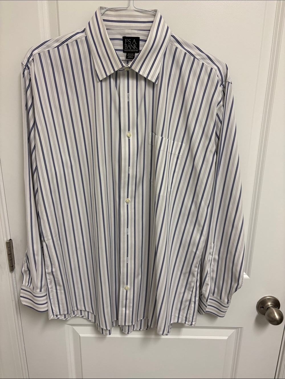 Jos. A. Bank White Dress Shirt with Blue and Gray Stripes